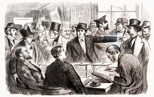 Vintage image features a male voter exercising his right to challenge a man who may be committing fraud by being an illegal voter. Many times challenging the legality of a voter was just voter intimidation from an opposing political party.