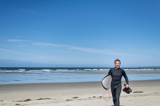 Wide shot of handsome caucasian male surfer returning from a surf in the ocean. It's a warm summer's day. The surfer is wearing a black wetsuit with his surfboard tucked under his right arm, holding his surf boots in his left hand.