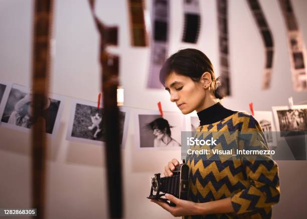 Female Taking Photo With Old Camera Stock Photo - Download Image Now - Darkroom, Photograph, Photography