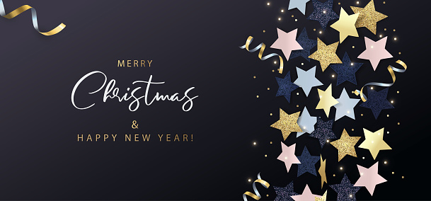 Merry Christmas and Happy New Year banner, greeting card, poster, holiday cover, header. Holiday design with falling stars, tinsel and confetti on black background. Winter festive decoration.