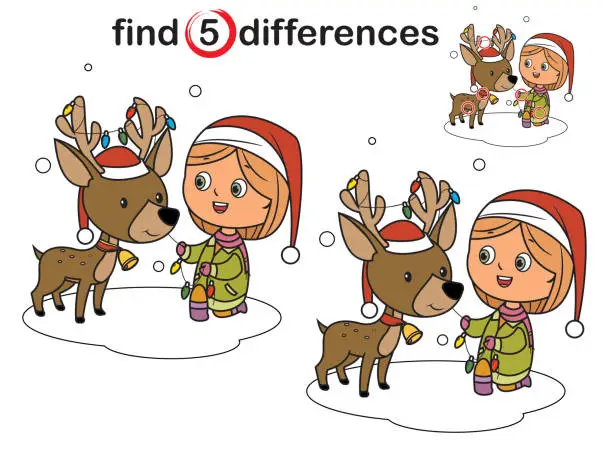 Vector illustration of Find differences, Christmas girl and reindeer