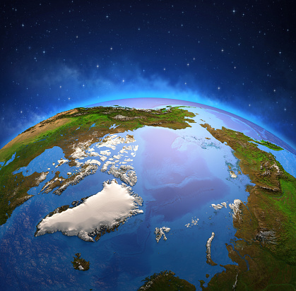 Surface of Planet Earth viewed from a satellite, focused on North Pole and Arctic Ocean. Ice melting and global warming on Greenland. 3D illustration (Blender software) - Elements of this image furnished by NASA (https://eoimages.gsfc.nasa.gov/images/imagerecords/73000/73776/world.topo.bathy.200408.3x5400x2700.jpg).