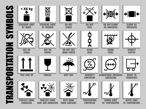 Packaging symbols collection of care handling with warning caution for heavy cargo transport. Don't move, roll, stack, clamp, truck, limit, protect, pressure, keep dry, fragile