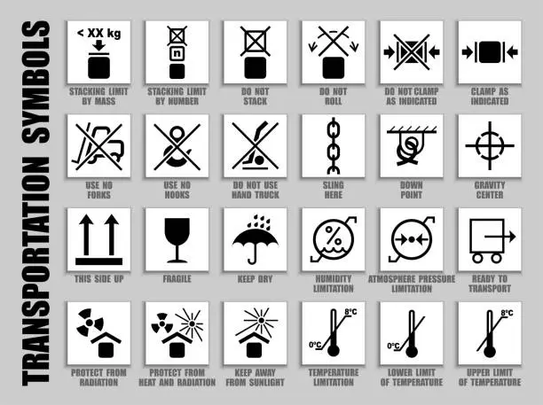 Vector illustration of Packaging symbols collection of care handling with warning caution for heavy cargo transport. Don't move, roll, stack, clamp, truck, limit, protect, pressure, keep dry, fragile