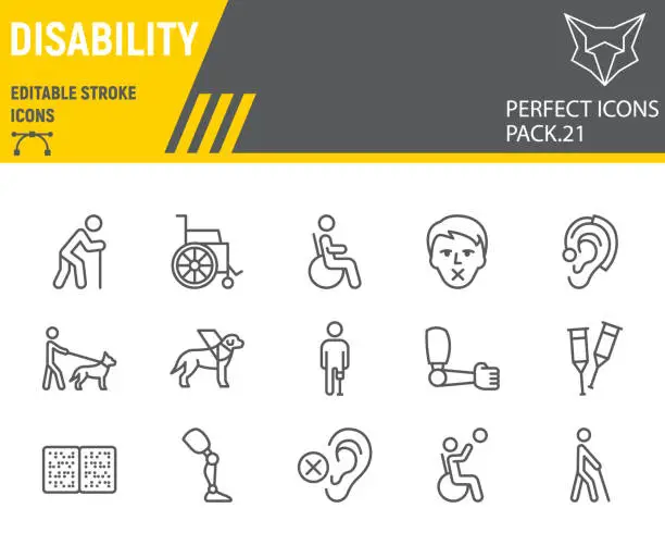 Vector illustration of Disability line icon set, disabled people collection, vector sketches, logo illustrations, disability icons, disabled signs linear pictograms, editable stroke.