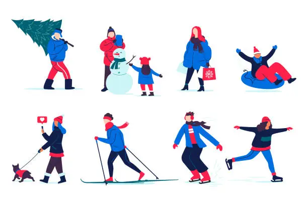 Vector illustration of People spend time outside in winter. Illustration of winter activities - snowman modeling, skiing and skating, shopping, walking, etc. Set of flat characters for your season design. Isolated on white.
