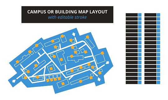 Vector editable floor plan in blue color with white buildings, paths, and roads isolated on a white background. Suitable as a map of campus, office, production hall, festival, shopping mall, workplace, event, and more.