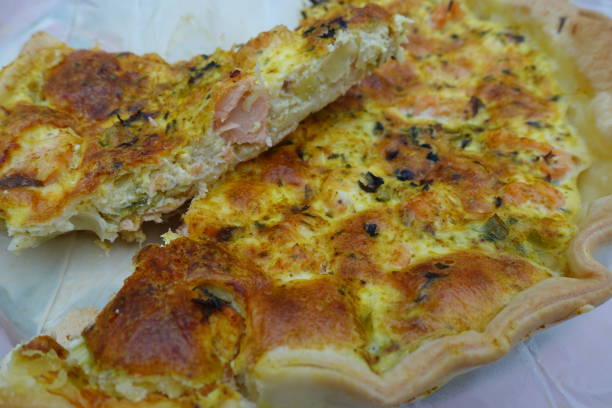 istock Leek and salmon pie  Pie cut into portions 1282879575
