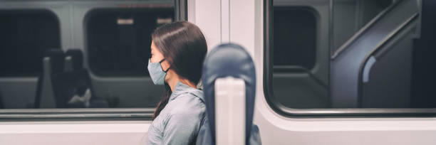 Train commute mandatory face mask wearing for coronavirus pandemic. Panoramic banner of people lifestyle commuting after work at night banner. Travel woman passenger wearing cover. tren de viaje diario obligatoria máscara facial que lleva para la pandemia de coronavirus. bandera panorámica de las personas estilo de vida que viajan diariamente después del trabajo en la bandera de la noche. pasajero de la mujer de viaje que lleva cu