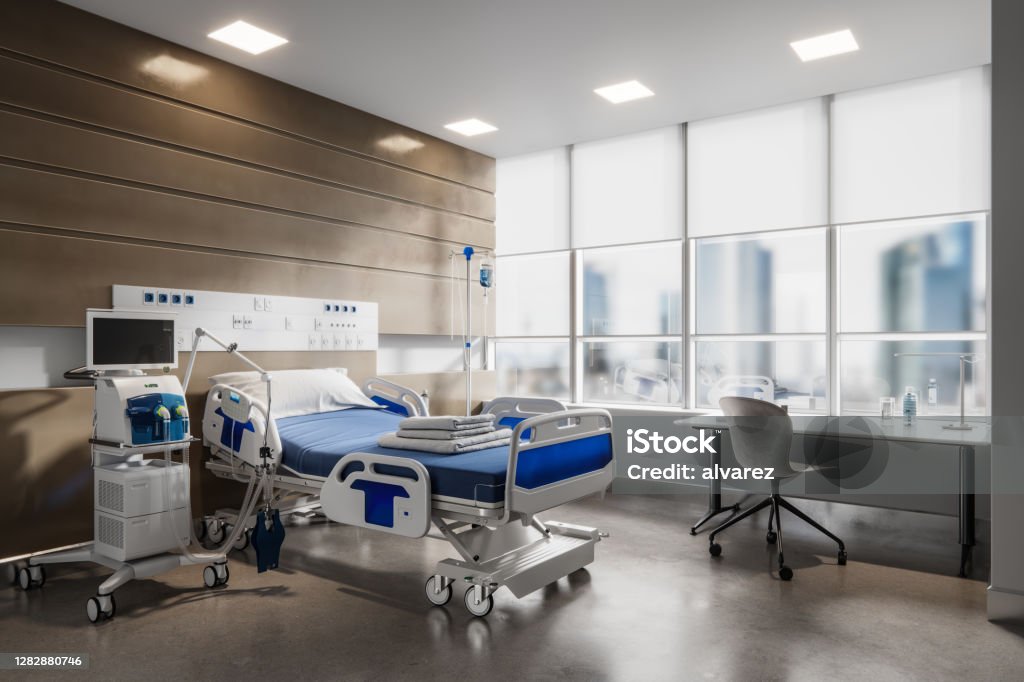 Empty hospital intensive care unit Digitally rendered image of a hospital intensive care unit with no people no patients Hospital Ward Stock Photo