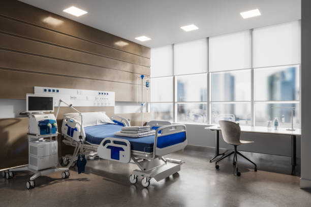 Empty hospital intensive care unit Digitally rendered image of a hospital intensive care unit with no people no patients hospital room stock pictures, royalty-free photos & images