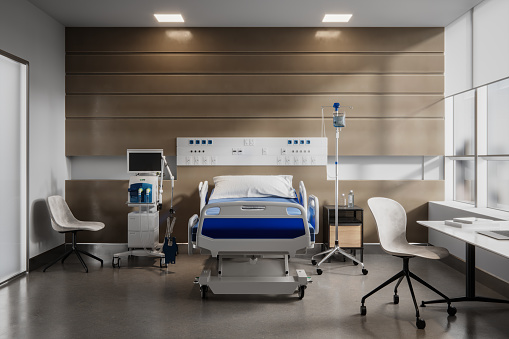 Imagen renderizada digitalmente de una unidad de cuidados intensivos del hospital vacía photo