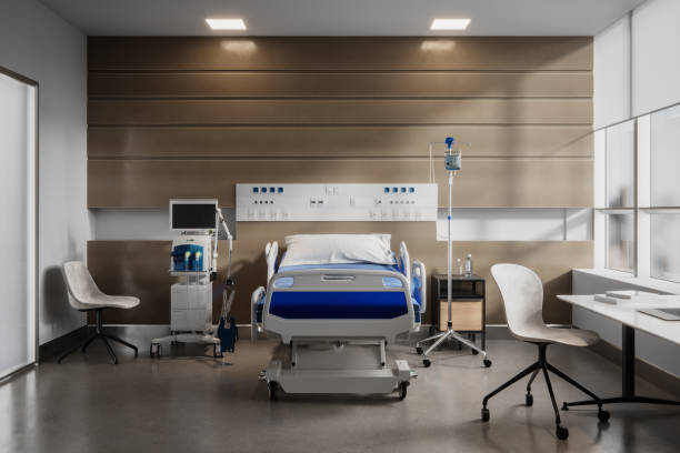 Digitally rendered image of an empty hospital intensive care unit Digitally rendered image of a hospital intensive care unit with no people no patients hospital room stock pictures, royalty-free photos & images