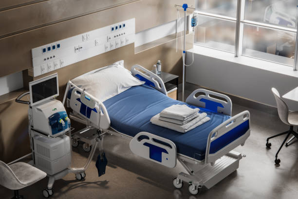 acima vista de uma unidade de terapia intensiva hospitalar vazia gerada digitalmente - hospital bed fotos - fotografias e filmes do acervo
