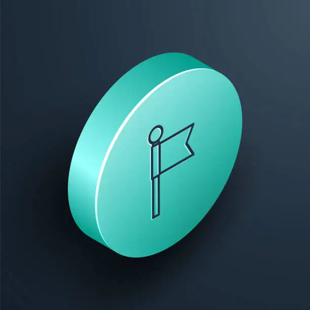 Vector illustration of Isometric line Flag icon isolated on black background. Location marker symbol. Turquoise circle button. Vector Illustration