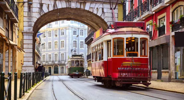 Photo of Lisbon, Portugal. Vintage red retro tram