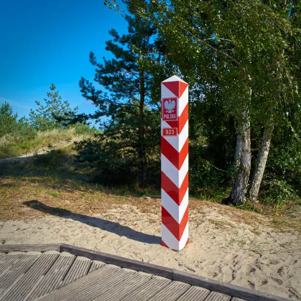 Border post on the border between Poland and Germany on the Baltic Sea coast on the island of Usedom