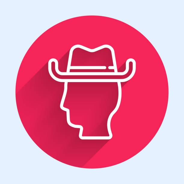 長い影で隔離された白い線カウボーイのアイコン。赤い丸のボタン。ベクトル - cowboy hat hat country and western music wild west点のイラスト素材／クリップアート素材／マンガ素材／アイコン素材