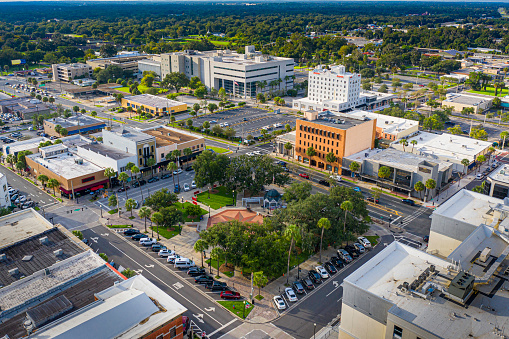 Drone view of downtown Ocala, Florida and historic town square.