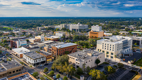 Drone view of downtown Ocala, Florida and historic town square.
