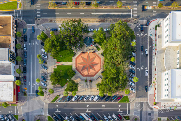 Aerial Photo of Historic Town Square Drone view of downtown Ocala, Florida and historic town square. town square stock pictures, royalty-free photos & images