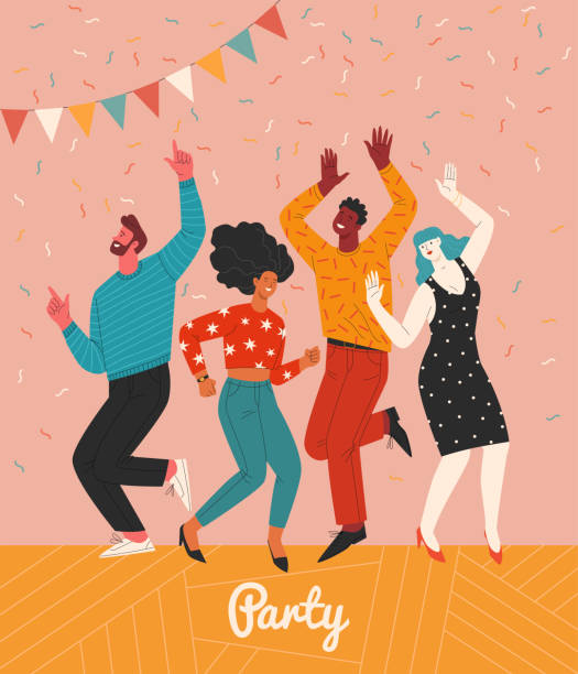 People at the party. Vector illustration of four diverse cartoon dancing people in flat style. Isolated on background with confetti dance floor stock illustrations