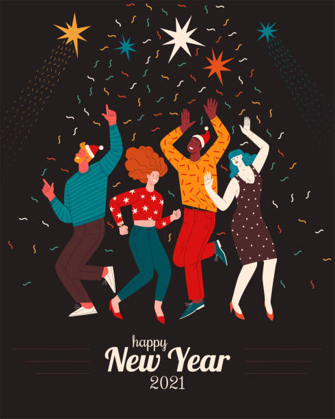 People at the Christmas party. Vector illustration of four diverse cartoon dancing people in flat style. Isolated on dark background with confetti new year illustrations stock illustrations
