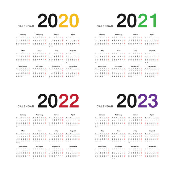 Year 2020 and Year 2021 and Year 2022 and Year 2023 calendar vector design template, simple and clean design for organization and business. Week Starts Monday. Year 2020 and Year 2021 and Year 2022 and Year 2023 calendar vector design template, simple and clean design for organization and business. Week Starts Monday calendar 2022 stock illustrations