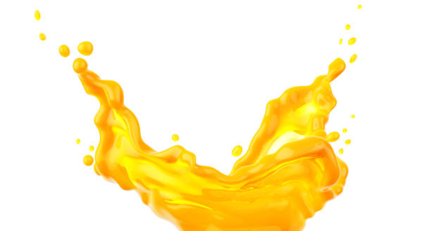 fresh orange juice splash flow with bubbles and drops isolated. illustration. - orange smoothie imagens e fotografias de stock