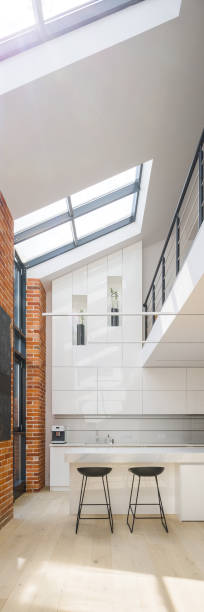istock Big windows in loft apartment, vertical panorama 1282896914