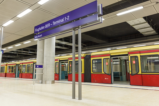 Berlin, Germany - October 28, 2020: New Berlin Brandenburg BER Willy Brandt Airport railway train station in Germany.