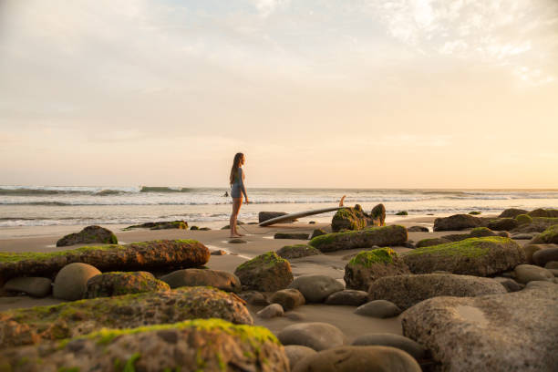 istock Female surfer walks to water 1282899433