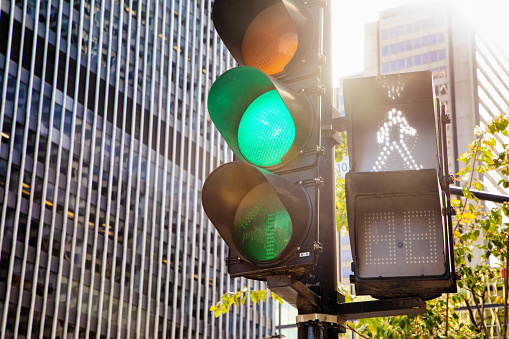 Traffic Lights Red Green and Yellow, Front view on a white background with clipping path. 8K