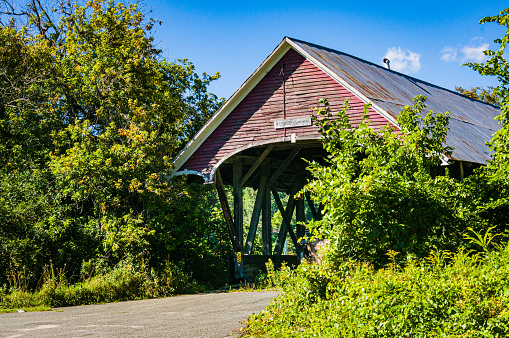 The abandoned and closed Sanborn Paddleford truss covered bridge (1872)  in Lyndon, Vermont.