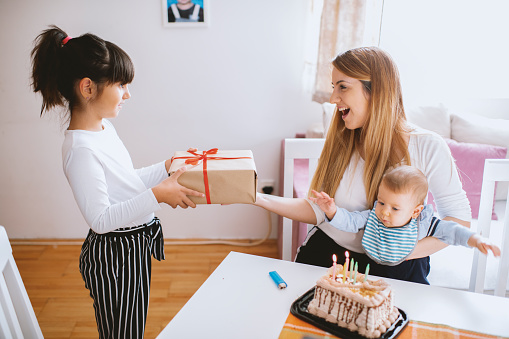 Child surprising mother with gift box for birthday or mothers day at home