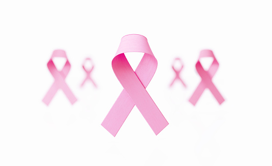Pink breast cancer awareness ribbons on white background. Horizontal composition with copy space. Breast cancer awareness concept.