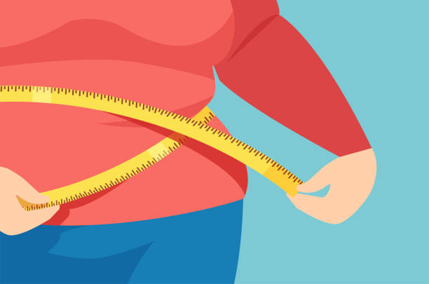 ilustrações de stock, clip art, desenhos animados e ícones de vector of an overweight woman measuring her waistline - measuring waist