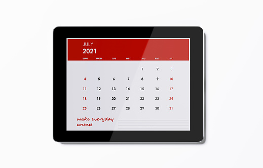 2021 monthly digital calendar: July. Horizontal composition with copy space. The calendar is red in color and isolated on white background.