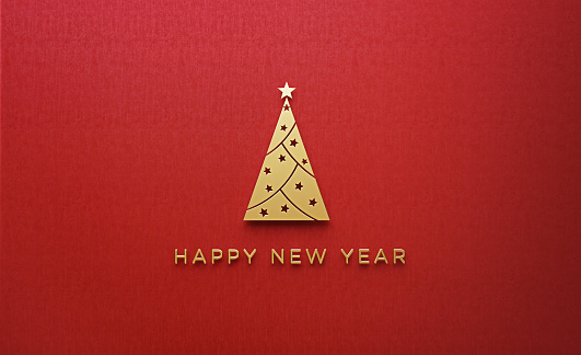 A golden Christmas tree and happy new year message on red background. Horizontal composition with  copy space. 2021 new year concept.