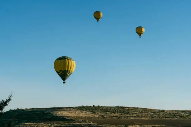 Photo of Segovia's landscape in sunrise with trees in golden hour and hot air balloons