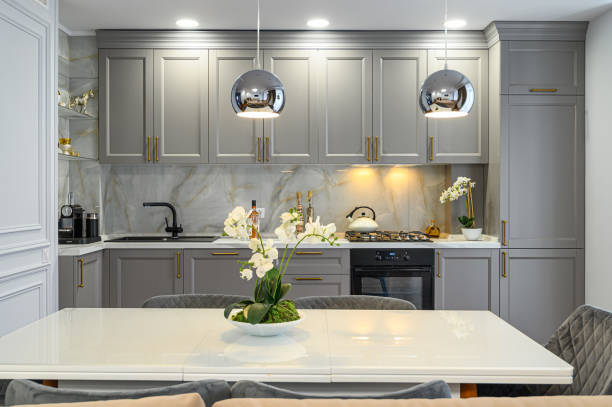 graue und weiße luxusküche im modernen stil - bronzefarbig fotos stock-fotos und bilder
