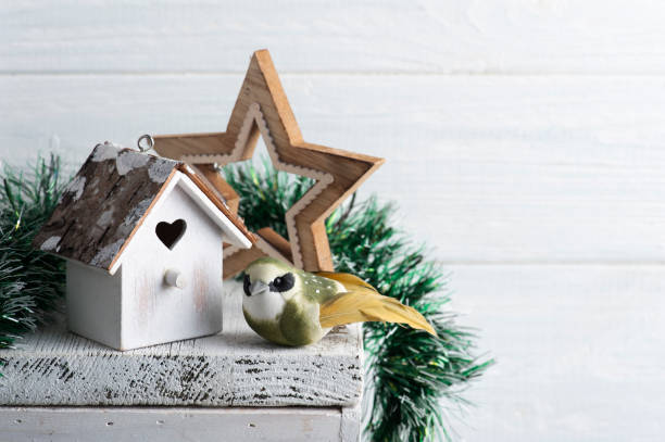 Christmas interior decoration whit birdhouse