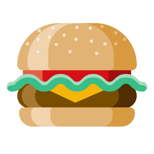 Burger Icon on Transparent Background A flat design icon on a transparent background (can be placed onto any colored background). File is built in the CMYK color space for optimal printing. Color swatches are global so it’s easy to change colors across the document. No transparencies, blends or gradients used. burger stock illustrations
