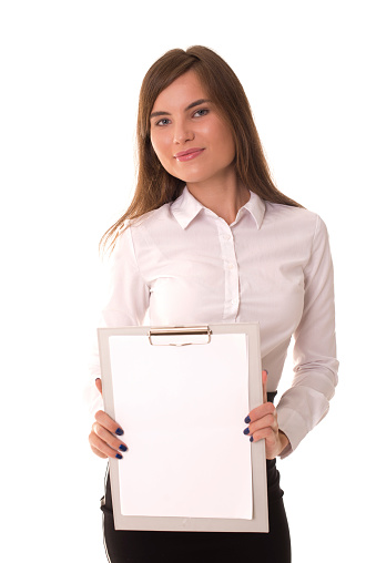 Young Asian business woman open a gift box  isolated on white background.