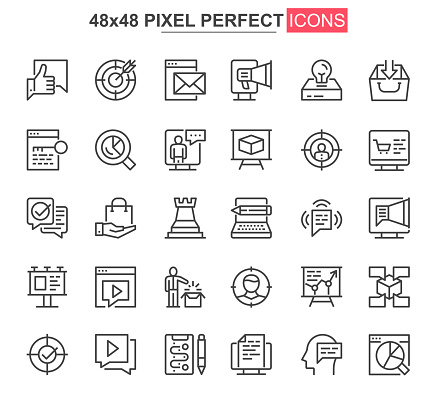 Digital marketing thin line icon set. Marketing research and strategy outline pictograms for web or mobile app. Business analytics simple UI, UX vector icons. 48x48 pixel perfect pictogram pack.