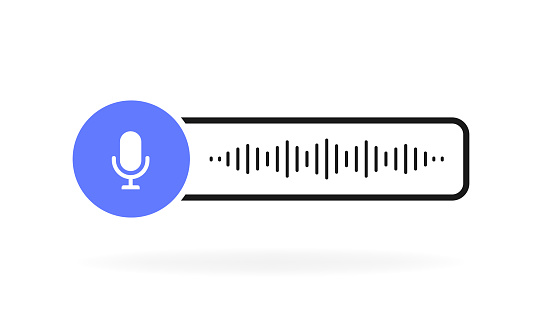 Voice messages geometric badge with microphone emblem. Voice messaging correspondence. Modern flat style vector illustration.