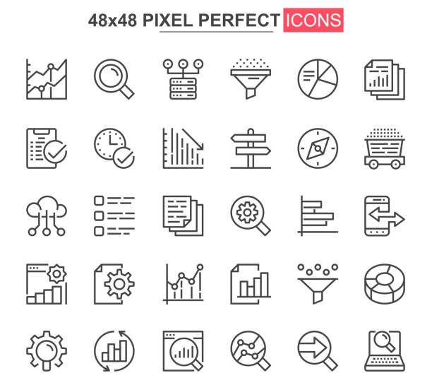 ビッグデータ分析細線アイコンセット。データ処理は、ウェブサイトやモバイルアプリguiのアウトラインピクトグラム。デジタル分析シンプルなui、uxベクトルアイコン。48x48ピクセルパーフ� - pixel perfect点のイラスト素材／クリップアート素材／マンガ素材／アイコン素材