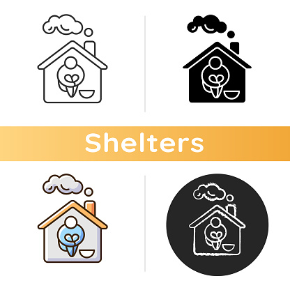 Homeless shelter icon. Temporary residence for homeless individuals and families. Safety and protection. Supportive housing. Linear black and RGB color styles. Isolated vector illustrations