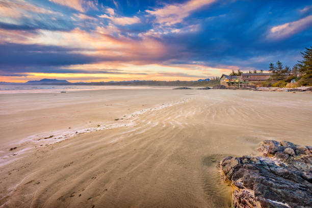 Beach and dramatic sky in Tofino, Pacific Rim National Park, British Columbia Canada at sunset