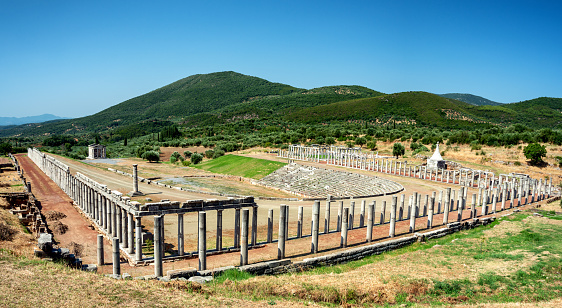 Ancient Messene contains the ruins of the large classical city-state of Messene refounded by Epaminondas in 369 BC, after the battle of Leuctra and the first Theban invasion of the Peloponnese. The stadium in the remains of the city of Ancient Messene (also called Ancient Messini), an archaelogical site near Kalamata in Greece.